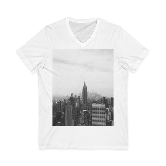Urban Skyline V-Neck Tee, Casual City Shirt, Gift for Men and Women, Travel Lover Outfit, Black and White Graphic Tee