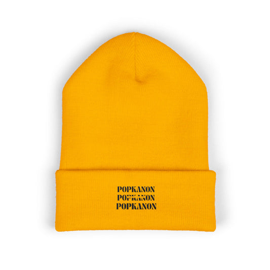 Embroidered Classic Cuffed Beanie — Minimal Black Text Knit Hat