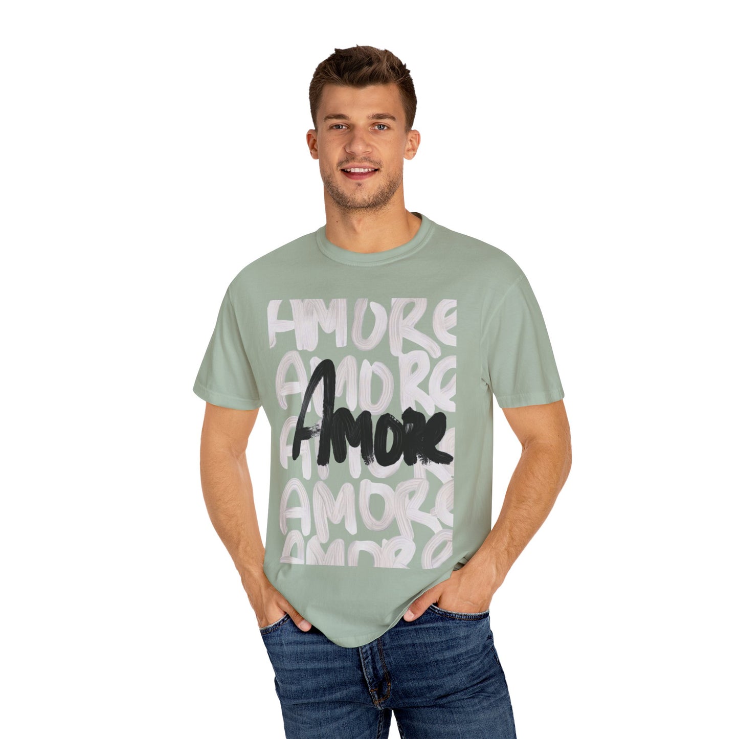 Amore Unisex Garment-Dyed T-shirt | Casual Love Tee, Gift for Couples, Valentine's Day, Everyday Wear, Trendy Style