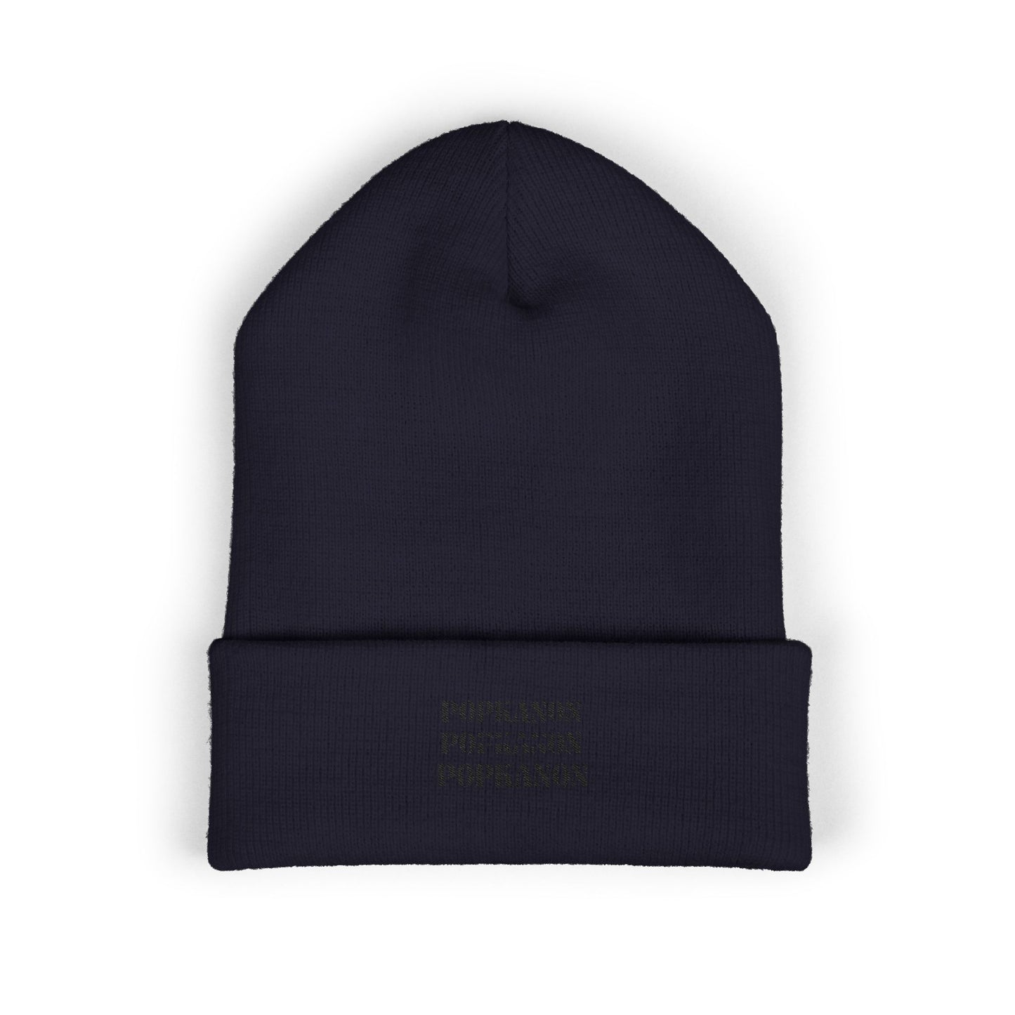 Embroidered Classic Cuffed Beanie — Minimal Black Text Knit Hat