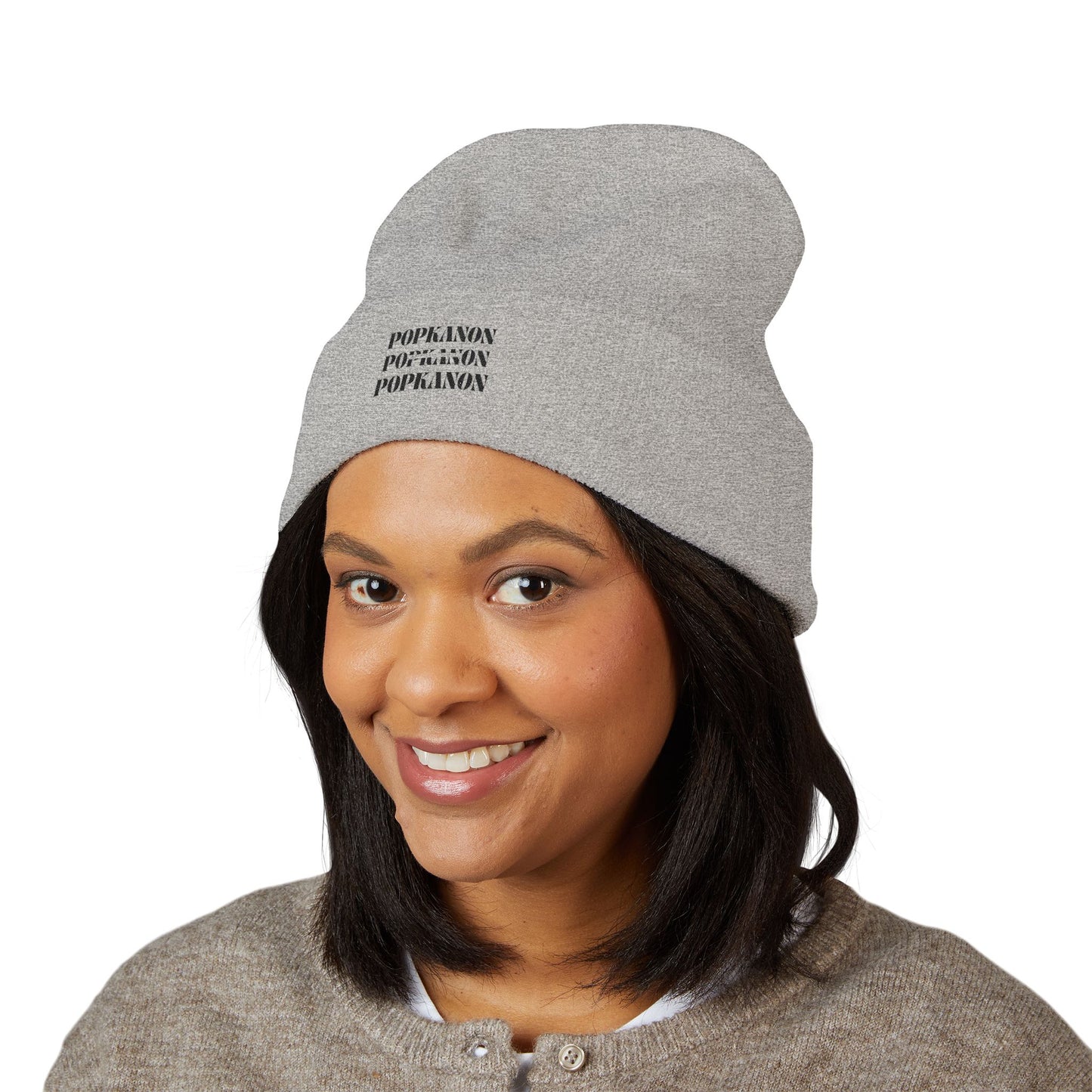 Embroidered Classic Cuffed Beanie — Minimal Black Text Knit Hat