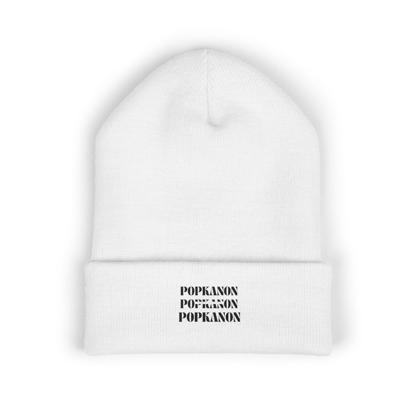 Embroidered Classic Cuffed Beanie — Minimal Black Text Knit Hat