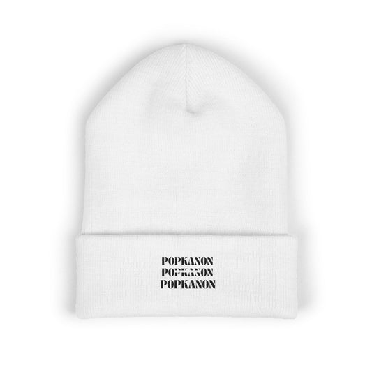 Embroidered Classic Cuffed Beanie — Minimal Black Text Knit Hat