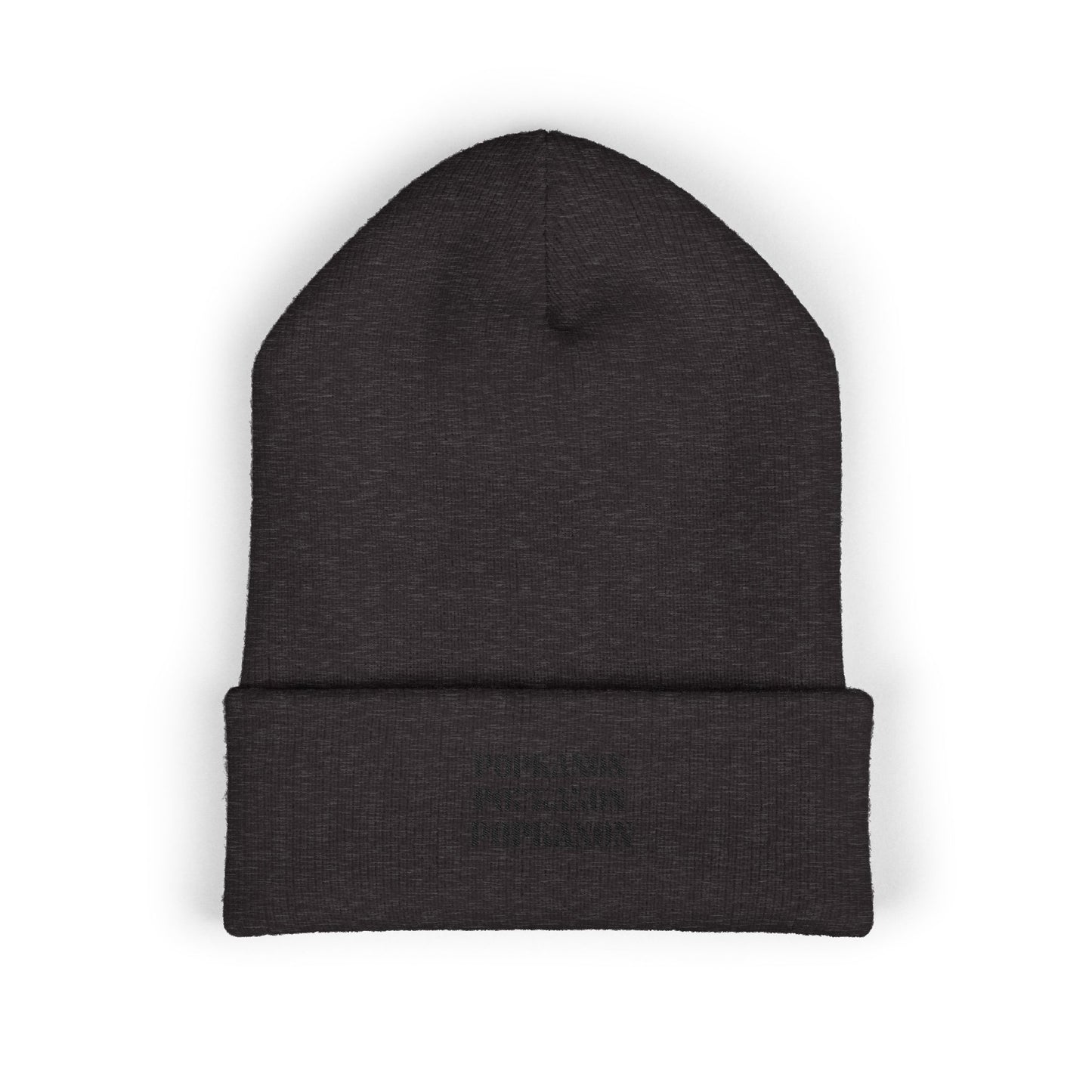 Embroidered Classic Cuffed Beanie — Minimal Black Text Knit Hat
