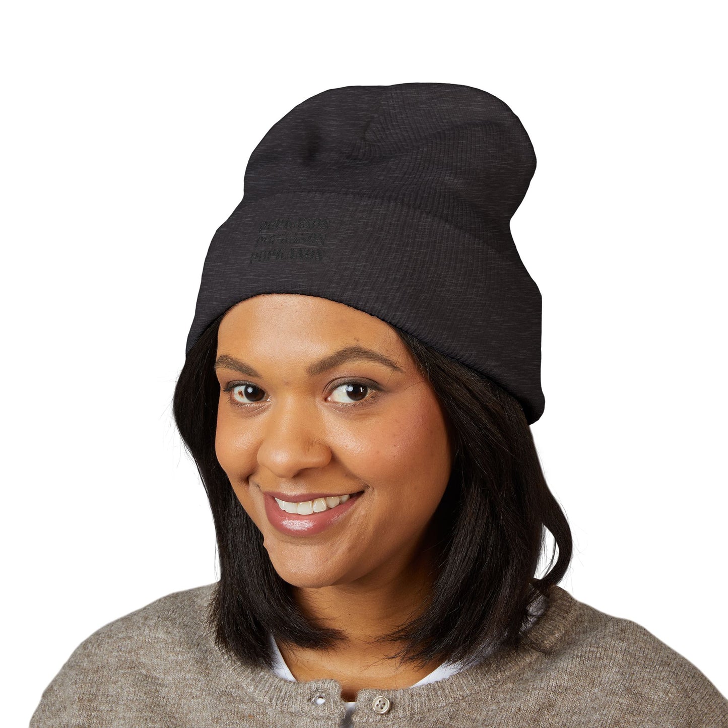 Embroidered Classic Cuffed Beanie — Minimal Black Text Knit Hat