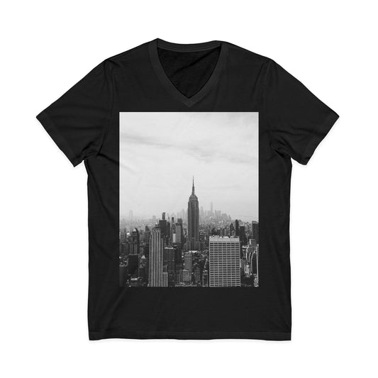 Urban Skyline V-Neck Tee, Casual City Shirt, Gift for Men and Women, Travel Lover Outfit, Black and White Graphic Tee