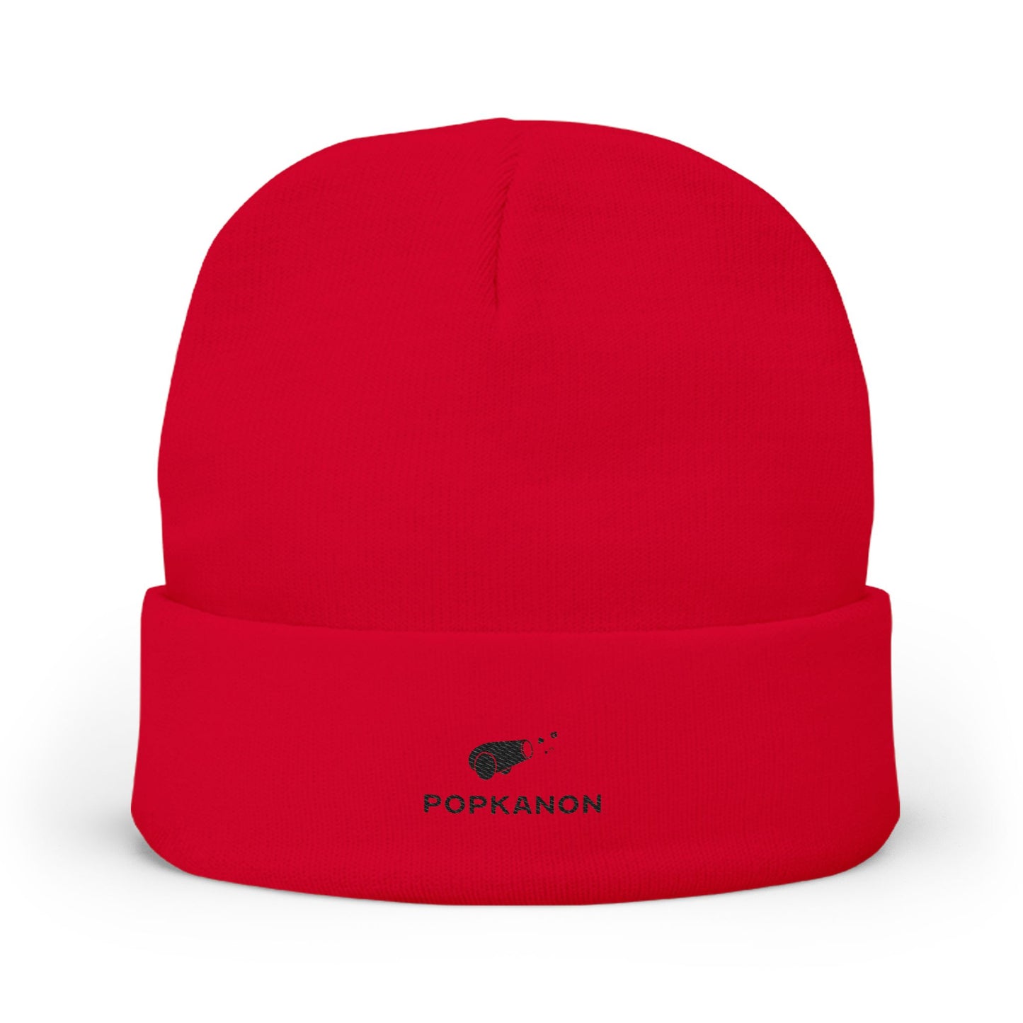 Red beanie with a logo and text on a white background